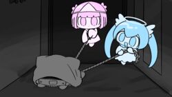  3girls alternate_costume blue_eyes blue_hair blue_ribbon blunt_bangs blunt_ends closed_mouth dress expressionless flower hair_flower hair_ornament halo hatsune_miku indoors japanese_clothes kimono long_hair long_sleeves monochrome multiple_girls neck_ribbon noose open_mouth pepoyo pink_eyes pink_flower pink_hair poyoroid pulling rakuraku_anrakushi_(vocaloid) ribbon shaded_face short_hair spirit spot_color sweat under_covers utau vocaloid vy1 white_dress 