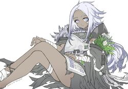  arknights armor ass bandaged_arm bandaged_leg bandages black_cape bonjirix book_on_lap cape commentary dark-skinned_female dark_skin dated feet_out_of_frame female flower highres inam_(arknights) knee_up long_hair purple_eyes purple_hair simple_background solo twitter_username white_background 