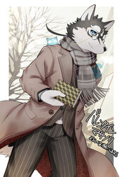  1boy animal_ears black_sclera blue_eyes brown_coat coat colored_sclera commentary_request dog_boy dog_ears dog_tail furry furry_male ghost grey_scarf highres holding holding_notebook kinoshita_jiroh looking_at_viewer male_focus masanori_(housamo) notebook pants pinstripe_pants pinstripe_pattern pinstripe_suit ponytail round_eyewear scar scar_on_face scar_on_forehead scarf suit tail tokyo_afterschool_summoners translation_request 