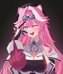  ;d animal_ear_fluff animal_ears ascot beret blue_eyes blush breasts cleavage eipanguino fangs female gradient_background hair_intakes hat highres holding_chisel hololive hololive_english large_breasts long_hair multicolored_hair nail_polish one_eye_closed panther_ears panther_girl pink_hair pink_nails raora_panthera smile solo streaked_hair teeth upper_body virtual_youtuber white_ascot wing_collar 