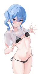  absurdres bikini black_bikini blue_eyes blue_hair breasts clothes_lift fawny female highres hololive hoshimachi_suisei lifting_own_clothes navel open_hands see-through see-through_shirt shirt shirt_lift side-tie_bikini_bottom simple_background small_breasts solo star_(symbol) star_in_eye stomach swimsuit symbol_in_eye virtual_youtuber white_background white_shirt 