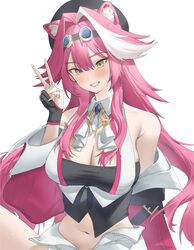  absurdres animal_ear_fluff animal_ears ascot bare_shoulders beret breasts cleavage female goggles goggles_on_head hachiman_(rogeri39) hair_intakes hat highres hololive hololive_english large_breasts looking_at_viewer navel off_shoulder open_fly panther_ears panther_girl pink_hair raora_panthera simple_background solo stomach v virtual_youtuber white_ascot white_background white_hair wing_collar yellow_eyes 