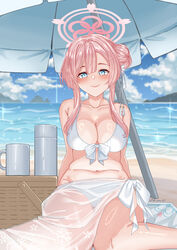  absurdres beach bikini blue_archive blue_eyes blush breasts cleavage closed_mouth collarbone day female hair_bun halo highres large_breasts long_hair looking_at_viewer mimori_(blue_archive) mimori_(swimsuit)_(blue_archive) ocean official_alternate_costume outdoors parasol pink_hair pink_halo rynn_(darknescorez) sarong single_side_bun smile solo swimsuit twitter_username umbrella white_bikini white_sarong 