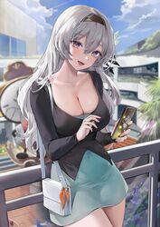  :d absurdres alternate_costume black_hairband blurry blurry_background blush breasts cellphone clockie_(honkai:_star_rail) female firefly_(honkai:_star_rail) grey_hair hair_ornament hairband highres holding holding_phone honkai:_star_rail honkai_(series) large_breasts lillly long_hair long_sleeves open_mouth outdoors phone purple_eyes smartphone smile solo 