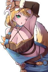  ;o absurdres blonde_hair blue_overalls blush bonnie_barkswell breasts brown_gloves brown_sleeves cleavage commission detached_sleeves dog_girl dog_tail female fur-trimmed_sleeves fur_trim globie gloves green_eyes highres holding holding_wrench huge_breasts multicolored_hair o-ring one_eye_closed overalls silva_arts solo streaked_hair sweat tail virtual_youtuber white_hair wrench 