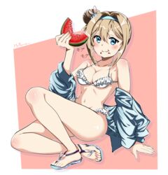  absurdres bikini blonde_hair blue_eyes breasts cleavage eating female food frilled_bikini frills fruit full_body girls&#039;_frontline highres looking_at_viewer mrpawa official_alternate_costume solo suomi_(girls&#039;_frontline) suomi_(midsummer_pixie)_(girls&#039;_frontline) swimsuit watermelon watermelon_slice white_bikini 