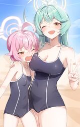  2girls absurdres abydos_high_school_swimsuit ahoge bare_arms bare_legs bare_shoulders black_one-piece_swimsuit blue_archive blush breasts cleavage covered_navel day desert green_hair hair_between_eyes halo highres hoshino_(blue_archive) hoshino_(young)_(blue_archive) huge_ahoge large_breasts long_hair multiple_girls nonoa oerba_yun_fang one-piece_swimsuit open_mouth outdoors pink_hair pink_halo school_swimsuit short_hair small_breasts smile swimsuit v yellow_eyes yellow_halo yume_(blue_archive) 