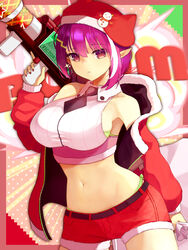  absurdres bemani bra breasts cannon=xxxx christmas female green_bra green_panties gun hat hat_ornament highres holding holding_cannon holding_gun holding_weapon large_breasts looking_at_viewer midriff multicolored_hair navel necktie panties pink_eyes pointy_ears purple_hair sack santa_costume santa_hat snowman_hat_ornament solo sound_voltex tongari_kin two-tone_hair underwear weapon white_hair 