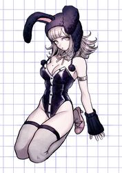  animal_ears black_leotard breasts danganronpa_(series) danganronpa_2:_goodbye_despair detached_collar fake_animal_ears female fishnet_thighhighs fishnets flipped_hair groin highres large_breasts leotard looking_at_viewer medium_hair mole mole_on_breast nanami_chiaki neck_ribbon no_hair_ornament playboy_bunny rabbit_ears ribbon solo strapless strapless_leotard thighhighs uranagi_(uranaginasi) 