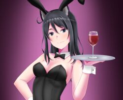  animal_ears black_bow black_bowtie black_eyes black_hair black_leotard bow bowtie breasts character_request cleavage closed_mouth copyright_request cup detached_collar drinking_glass fake_animal_ears female hand_on_own_hip highres holding holding_tray leotard long_hair looking_at_viewer medium_breasts playboy_bunny rabbit_ears rika_rkgk smile solo tray upper_body white_wrist_cuffs wine_glass wrist_cuffs 