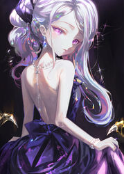  absurdres back bad_anatomy black_horns blue_archive breasts dangle_earrings demon_horns dress earrings egoswans female highres hina_(blue_archive) hina_(dress)_(blue_archive) horns jewelry long_hair necklace official_alternate_costume official_alternate_hairstyle purple_dress purple_eyes small_breasts solo strapless strapless_dress white_hair 