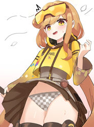  absurdres black_survival blonde_hair blush clothes_lift embarrassed erinaka0413 eternal_return:_black_survival female hair_bun highres long_hair official_alternate_costume panties single_hair_bun skirt skirt_lift solo tia_(black_survival) underwear yellow_eyes 