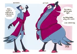  2024 anthro beak before_and_after clothing demon dialogue dragontzin english_text feathers featureless_crotch footwear glowing glowing_eyes half-closed_eyes helluva_boss hi_res male narrowed_eyes obese obese_anthro obese_male open_mouth overweight overweight_anthro overweight_male raised_arms red_eyes robe robe_only shoes signature slippers solo speech_bubble stolas_(helluva_boss) tail tail_feathers text weight_gain 