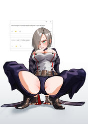  absurdres aqua_eyes arm_support belt blush breasts cleavage covered_navel ert_raitsui female full_body girls&#039;_frontline grey_hair highres looking_at_viewer medium_hair mg5_(girls&#039;_frontline) open_mouth request_inset solo spread_legs squatting straight-on sweat 