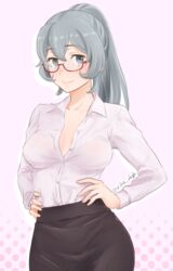  black_skirt blue_eyes breasts collarbone collared_shirt commentary_request dungeon_ni_deai_wo_motomeru_no_wa_machigatteiru_darou_ka female grey_hair hands_on_own_hips long_sleeves looking_at_viewer medium_breasts partially_unbuttoned pencil_skirt ponytail red-framed_eyewear rika_rkgk semi-rimless_eyewear shirt simple_background skirt solo syr_flover under-rim_eyewear white_background white_shirt 