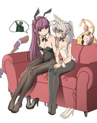  2girls absurdres animal_ears bare_shoulders bow bowtie breast_envy breasts collarbone commentary couch detached_collar earrings elf english_commentary fake_animal_ears fake_tail fern_(sousou_no_frieren) frieren full_body green_eyes high_heels highres himmel_(sousou_no_frieren) jewelry leotard long_hair looking_at_another mangpum_(taro109210) medium_breasts mixed-language_commentary multiple_girls pantyhose playboy_bunny pointy_ears ponytail purple_eyes purple_hair rabbit_ears rabbit_tail shaded_face shoes simple_background sitting small_breasts sousou_no_frieren staff statue strapless strapless_leotard tail thinking thought_bubble twintails unworn_shoes white_hair wrist_cuffs 