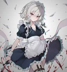  absurdres apron back_bow balisong blood blood_on_knife blue_dress blue_eyes bow braid breasts buttons closed_mouth collarbone collared_dress commentary_request dress female frills green_bow grey_background grey_hair hair_between_eyes hairbow highres holding holding_knife holding_weapon izayoi_sakuya kani_nyan knife looking_at_viewer maid maid_headdress medium_breasts puffy_short_sleeves puffy_sleeves short_hair short_sleeves simple_background solo standing thigh_strap touhou twin_braids weapon weapon_in_garters white_apron white_bow wrist_cuffs 