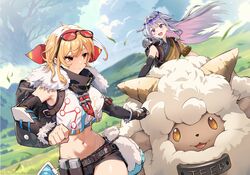  2girls :d alternate_costume backpack bag belt black_bag black_belt black_gloves black_shorts black_sleeves blonde_hair blush breasts character_name closed_mouth colored_inner_hair commentary crop_top crop_top_overhang duplicate english_commentary eyewear_on_head fingerless_gloves fur-trimmed_gloves fur_collar fur_trim gem gem_hair_ornament gloves grey_hair hair_between_eyes hair_ornament highres hololive hololive_english hololive_indonesia jewel_under_eye kaela_kovalskia koseki_bijou lamball long_hair long_sleeves looking_at_another looking_at_viewer looking_to_the_side medium_hair multicolored_hair multiple_girls navel neck_warmer open_mouth outdoors palworld pink_hair popo_(popo0cat) purple_eyes purple_gemstone purple_hair red-tinted_eyewear red_eyes riding short_sleeves shorts single_glove single_sleeve smile sunglasses teeth tinted_eyewear tree upper_teeth_only virtual_youtuber 