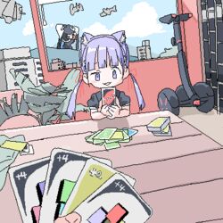  animal_ear_hairband animal_ears balcony black_sleeves blunt_bangs blush_stickers card card_game cat_ear_hairband cat_ears city clueless day dutch_angle fake_animal_ears female fern grin gunship hair_ribbon hairband holding holding_card imminent_uno_loss_(meme) lokulo-chan_(lokulo_no_mawashimono) lokulo_no_mawashimono long_hair low_twintails lowres meme military_vehicle neon_genesis_evangelion oekaki original outdoors own_hands_together photo-referenced playing_games pov puffy_short_sleeves puffy_sleeves purple_eyes purple_hair red_ribbon ribbon sachiel_(evangelion) segway short_sleeves shrug_(clothing) single_blush_sticker smile smug solo_focus table twintails un_heavy_fighter_jet_(evangelion) uneven_eyes uno_(game) wooden_table 