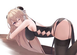  absurdres all_fours anchorage_(azur_lane) anchorage_(moonlit_boat_ride)_(azur_lane) azur_lane back_cutout backless_dress backless_outfit bare_shoulders black_panties black_thighhighs braid breasts bun_cover china_dress chinese_clothes clothing_cutout double_bun dress female from_side garter_straps hair_bun highres lace-trimmed_panties lace_trim light_brown_hair long_hair looking_at_viewer obniermarbiss one_eye_closed panties single_braid sleeveless sleeveless_dress sparkling_eyes thighhighs underwear white_background 