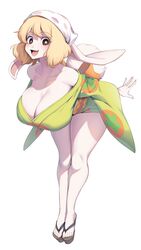  absurdres bare_shoulders bent_over blonde_hair breasts carrot_(one_piece) cervina collarbone feet female furry highres huge_breasts one_piece open_mouth rabbit simple_background smile solo standing thighs toes tongue 