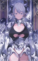  armor breasts cleavage cleavage_cutout clothing_cutout demon_girl demon_horns demon_wings duel_monster female gauntlets grey_eyes hair_between_eyes highres horns lady_labrynth_of_the_silver_castle large_breasts looking_at_viewer lovely_labrynth_of_the_silver_castle low_wings pointy_ears sakuragi_raia solo twintails wings yu-gi-oh! 