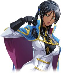  artist_request asymmetrical_hair black_gloves black_hair black_shirt blue_cape braid breasts cape code_geass code_geass:_lost_stories covered_navel cropped_torso crown_braid dark-skinned_female dark_skin dorothea_ernst dutch_angle female game_cg gloves green_eyes hair_tie hand_up high_collar jacket large_breasts lips lipstick long_hair long_sleeves looking_at_viewer makeup military_uniform non-web_source official_art parted_lips red_lips shirt sidelocks simple_background single_braid solo teeth transparent_background two-sided_cape two-sided_fabric uniform upper_body v-shaped_eyebrows white_jacket 