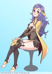  black_bridal_gauntlets bodystocking breasts bridal_gauntlets circlet cleavage commission crossed_legs female fire_emblem fire_emblem_fates full_body gold_cape grey_eyes heel-less_legwear hip_armor long_hair looking_at_viewer medium_breasts ophelia_(fire_emblem) panties purple_hair solo toeless_legwear toes underwear vekneim yellow_panties 