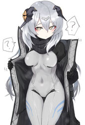  ? black_coat black_scarf bodysuit breasts closed_mouth coat commentary_request covered_navel cowboy_shot eyeliner female girls&#039;_frontline grey_bodysuit grey_hair hair_between_eyes hair_ornament headgear highres long_hair looking_at_viewer makeup medium_breasts nyto_(girls&#039;_frontline) open_clothes open_coat paradeus red_eyeliner scarf simple_background solo speech_bubble spoken_question_mark straight_hair tareus_(girls&#039;_frontline) white_background yellow_eyes zafuri_(yzrnegy) 