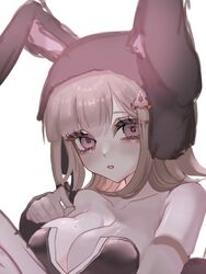  animal_hood breasts collarbone danganronpa_(series) danganronpa_2:_goodbye_despair female galaga hair_ornament hand_up highres hood large_breasts mi_loveyouuu mole mole_on_breast nanami_chiaki official_alternate_costume pink_eyes playboy_bunny rabbit_hood shiny_skin simple_background solo teeth white_background 