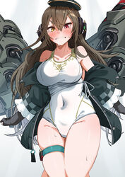  absurdres black_headwear black_jacket blush breasts brown_hair covered_navel cowboy_shot embarrassed ert_raitsui female girls&#039;_frontline hair_ornament headphones heterochromia highres impossible_clothes impossible_swimsuit jacket m1014_(girls&#039;_frontline) off_shoulder one-piece_swimsuit open_clothes open_jacket parted_lips red_eyes shotgun_shell solo straight-on sweat swimsuit teeth thigh_strap white_background white_one-piece_swimsuit x_hair_ornament yellow_eyes 