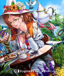  bird bird_request blue-and-white_flycatcher bracelet breasts cake chair cleavage commentary_request cup day dutch_angle earrings female flycatcher_(animal) food forest_witch glasses green_eyes hat highres jewelry large_breasts long_hair nakano_tomokazu orange_hair outdoors photoshop_(medium) plant rimless_eyewear shingeki_no_bahamut sitting staff table tan tea teacup teapot vines witch_hat 