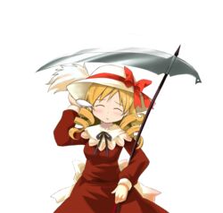  blonde_hair bow commentary_request cosplay dress drill_hair elly_(touhou) elly_(touhou)_(cosplay) female hat hat_bow holding holding_scythe mahou_shoujo_madoka_magica mahou_shoujo_madoka_magica_(anime) ninifu ribbon scythe short_hair smile solo teardrop tomoe_mami touhou touhou_(pc-98) transparent_background twin_drills twintails yellow_eyes 