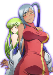  2girls breasts c.c. code_geass commentary_request dark-skinned_female dark_skin green_hair grey_hair highres kaname_aomame lipstick long_hair looking_at_viewer looking_back makeup multiple_girls photoshop_(medium) ponytail shiny_skin simple_background smile sweat undressing villetta_nu whistle white_background yellow_eyes 