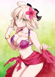  ahoge bikini blonde_hair bow breasts cleavage clothes_lift commentary_request cosplay fate/grand_order fate_(series) female flower hair_flower hair_ornament hairbow hibiscus large_breasts lifting_own_clothes navel nina_(pastime) okita_souji_(fate) okita_souji_(koha-ace) pink_bikini sarong scathach_(fate) scathach_(swimsuit_assassin)_(fate) scathach_(swimsuit_assassin)_(fate)_(cosplay) short_hair skirt skirt_lift smile solo sparkle swimsuit yellow_eyes 