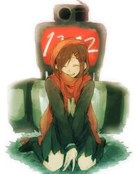  ayano_no_koufuku_riron_(vocaloid) between_legs black_footwear black_serafuku black_skirt black_socks brown_hair closed_eyes commentary_request dated enpera facing_viewer female full_body hair_between_eyes hair_ornament hairclip hand_between_legs happy kagerou_project kneehighs limited_palette loafers long_sleeves monitor open_mouth pleated_skirt projector red_scarf scarf school_uniform serafuku shoes sidu_(dsd_kgn) single_stripe sitting skirt smile socks solo striped tateyama_ayano teeth upper_teeth_only v_arms wariza white_background white_stripes 