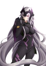  aata1007 alternate_costume bodysuit breasts commentary covered_nipples darling_in_the_franxx fate/grand_order fate_(series) female grey_hair hair_between_eyes hand_on_own_face headpiece highres jeanne_d&#039;arc_alter_(avenger)_(fate) jeanne_d&#039;arc_alter_(fate) light_smile long_hair medium_breasts skin_tight solo very_long_hair white_background 