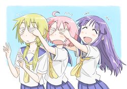  3girls :d ^_^ ahoge blonde_hair blush closed_eyes commentary_request covered_eyes covering_another&#039;s_eyes hair_tie hand_over_another&#039;s_eyes happy hinata_yukari ichii_yui jitsusan long_hair low_twintails multiple_girls nonohara_yuzuko open_mouth pink_hair purple_hair school_uniform serafuku short_hair simple_background smile twintails yuyushiki yuyushiki&#039;s_school_uniform 