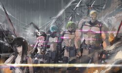  2girls 3boys bad_id bad_pixiv_id black_gloves black_hair black_legwear blonde_hair blue_hair blush chest_harness facepalm gamagoori_ira glasses gloves glowing_nipples green_hair harness hat inumuta_houka jakuzure_nonon kill_la_kill kiryuuin_satsuki long_hair mask mikisugi_aikurou multiple_boys multiple_girls muscular nudist_beach_uniform opaque_glasses pink_hair rain revealing_clothes sanageyama_uzu short_hair single_thighhigh skull_print spoilers stu_dts thighhighs 