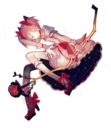  arm_up arrow_(projectile) bow bow_(weapon) choker clea_(geee13) commentary_request dress dutch_angle female flower footwear_bow frilled_socks frills full_body gloves hairbow high_heels holding holding_weapon kaname_madoka kaname_madoka_(magical_girl) kneehighs leaf legs mahou_shoujo_madoka_magica mahou_shoujo_madoka_magica_(anime) pink_bow pink_eyes pink_hair puffy_short_sleeves puffy_sleeves red_footwear rose shoes short_sleeves simple_background socks solo space spread_fingers star_(symbol) strappy_heels two_side_up weapon white_background white_socks 