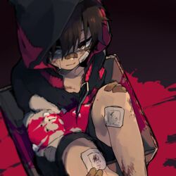  bandages black_hair blood box bruise commentary_request from_above hood hoodie in_box in_container injury looking_up short_hair shorts sidu_(dsd_kgn) solo stuffed_animal stuffed_toy tears teddy_bear tokyo_teddy_bear_(vocaloid) 