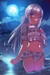  bare_shoulders bikini blue_hair blush bow breasts closed_mouth cloud cloudy_sky commentary_request dead_or_alive dead_or_alive_xtreme dead_or_alive_xtreme_venus_vacation female fiona_(doa) frilled_bikini frills full_moon light_blue_hair long_hair medium_breasts moon navel night nishisan_(mikurosu) ocean purple_bow purple_eyes sky smile snowflake_print solo standing swimsuit wading 