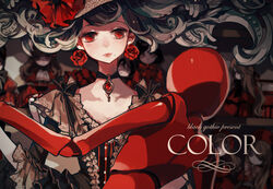  bad_id bad_pixiv_id black_bow bow brooch buttons choker clea_(geee13) cover dancing doll doll_joints dress earrings female flower frills gothic_lolita jewelry joints lips lolita_fashion long_hair looking_at_viewer magazine_cover mole mole_under_mouth original photoshop_(medium) red_eyes rose shelf solo_focus title 