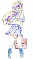  arm_behind_back bad_id bad_pixiv_id bag blue_skirt cellphone colored_pencil_(medium) double_bun female hair_bun kneehighs long_hair lucille phone purple_hair ranma_1/2 school_bag school_uniform serafuku shampoo_(ranma_1/2) short_sleeves skirt socks solo standing traditional_media white_background 