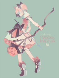  arrow_(projectile) black_bow bloomers blue_background bow bow_(weapon) clea_(geee13) closed_eyes commentary_request copyright_name dress female flower footwear_bow full_body gloves hairbow holding holding_weapon kaname_madoka kaname_madoka_(magical_girl) leaf legs mahou_shoujo_madoka_magica mahou_shoujo_madoka_magica_(anime) pink_hair puffy_short_sleeves puffy_sleeves rose shoes short_sleeves simple_background solo two_side_up underwear weapon white_gloves 