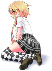  argyle_clothes argyle_legwear blonde_hair blue_eyes blush breath checkered_clothes checkered_legwear commentary_request ear_blush female full_body highres himekawa_hinari loafers long_hair looking_at_viewer looking_back open_mouth original pleated_skirt shoes short_sleeves simple_background sitting skirt solo sweat thighhighs uniform white_background yoshida_hideyuki zettai_ryouiki 