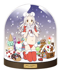  1boy apollo_chocolate boots candle candy candy_cane capelet cherry chimney christmas commentary_request doughnut english_text fire food fruit gable_roof gingerbread gingerbread_house gingerbread_man gloves hair_ribbon heart ice_cream ice_cream_cone in_container jelly_bean kneeling lollipop long_hair looking_at_viewer macaron male_focus marshmallow merry_christmas montanyaoh navel no_pants open_mouth original otoko_no_ko photoshop_(medium) pom_pom_(clothes) pretzel ribbon simple_background single_flame snow snow_globe snowflakes snowman solo star_(symbol) swirl_lollipop thigh_boots thighhighs white_background white_gloves white_hair yellow_eyes 