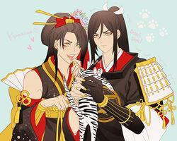  2boys ^^^ armor black_hair bow commentary_request detached_sleeves english_text flower ginmu gokotai&#039;s_tigers hair_flower hair_ornament hair_stick hairbow heart japanese_armor japanese_clothes jirou_tachi male_focus multiple_boys paw_print photoshop_(medium) ponytail shoulder_armor sode sweatdrop tarou_tachi tiger tiger_cub touken_ranbu trembling white_tiger yellow_eyes 