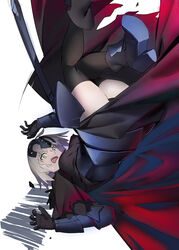  black_thighhighs blonde_hair cape commentary fate/grand_order fate_(series) female gauntlets guratan high_heels jeanne_d&#039;arc_alter_(avenger)_(fate) jeanne_d&#039;arc_alter_(avenger)_(first_ascension)_(fate) jeanne_d&#039;arc_alter_(fate) looking_at_viewer photoshop_(medium) short_hair simple_background solo thighhighs thighs upside-down white_background yellow_eyes 