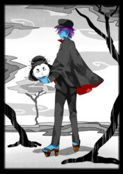  1boy blue_skin colored_skin commentary_request full_body gakuran gakuran-kun geta getiao looking_away male_focus profile purple_hair school_uniform serious solo standing yume_2kki 